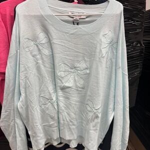 Women's Mint Blue Bow Embossed Pullover Sweater NWT Multiple Sizes